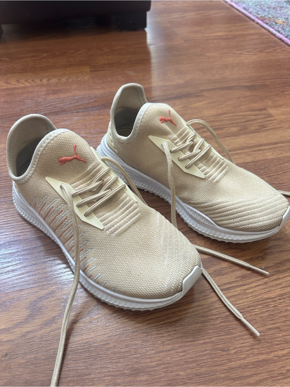 Puma Beige Knit Athletic Sneakers with Coral Accent